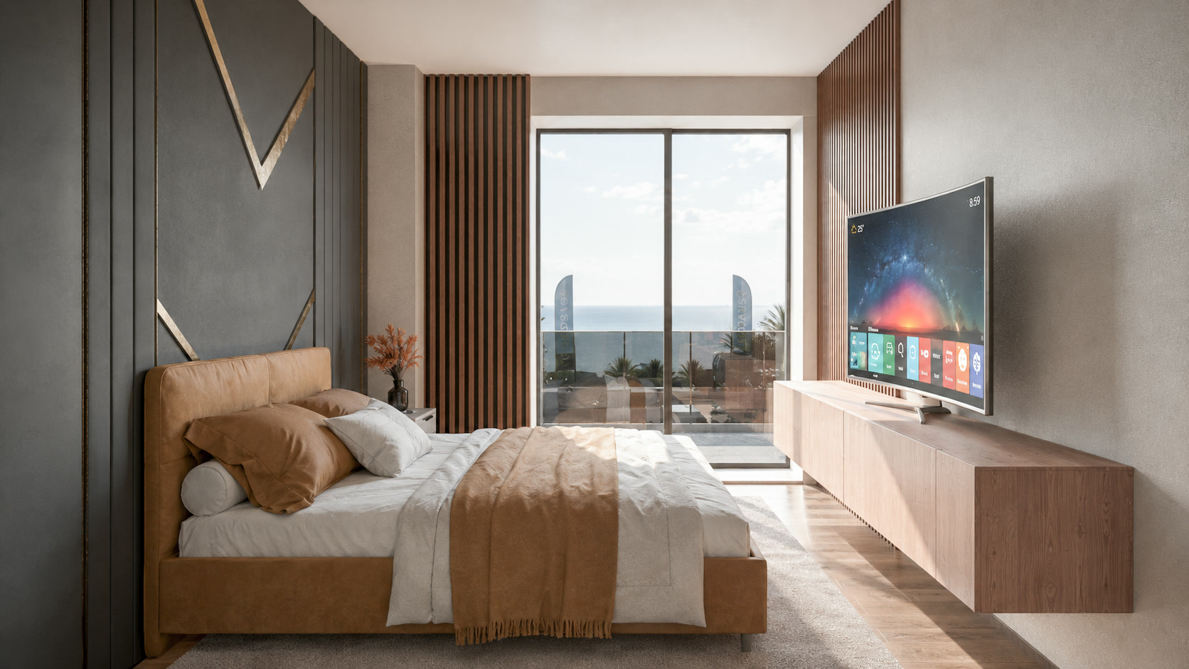 Apartament A1 The Icon Mamaia Nord, dormitor amenajat pentru apartament de vacanta sau investitie