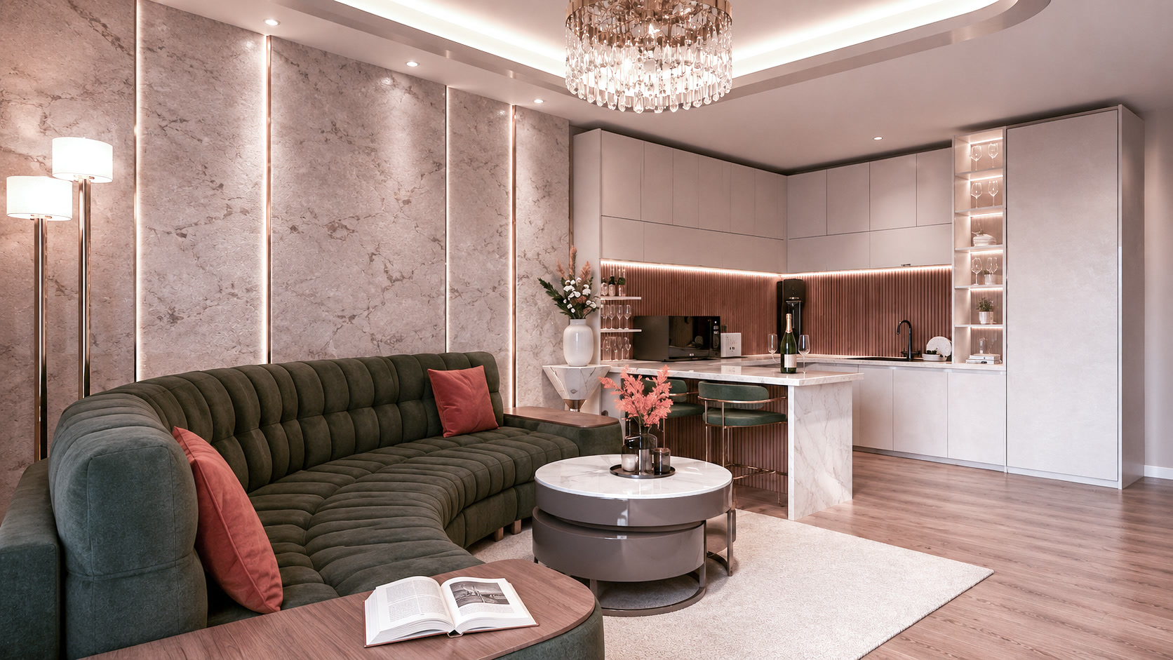 Apartament A1 The Icon Mamaia Nord, living cu zona de relaxare pentru apartament de vacanta sau investitie