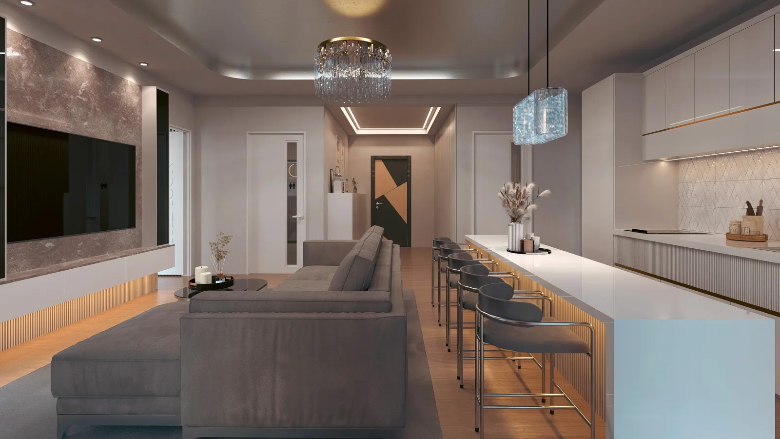 Apartament A3 The Icon Mamaia Nord, living cu zona de relaxare pentru apartament de vacanta sau investitie