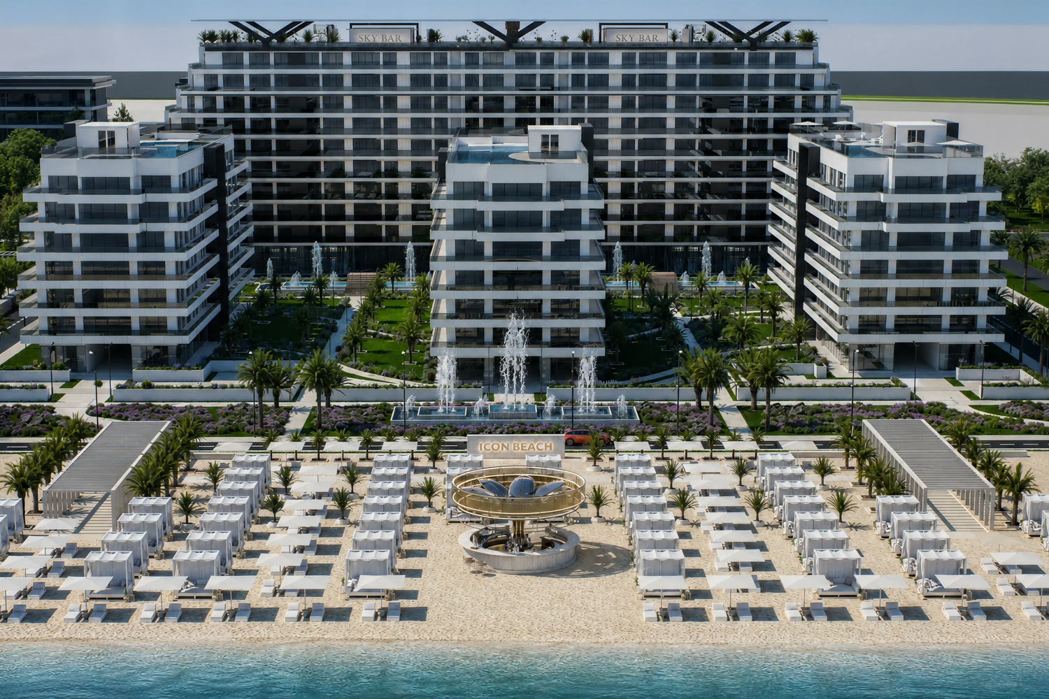 Ansamblul The Icon Mamaia Nord văzut dinspre mare, patru corpuri pe prima linie