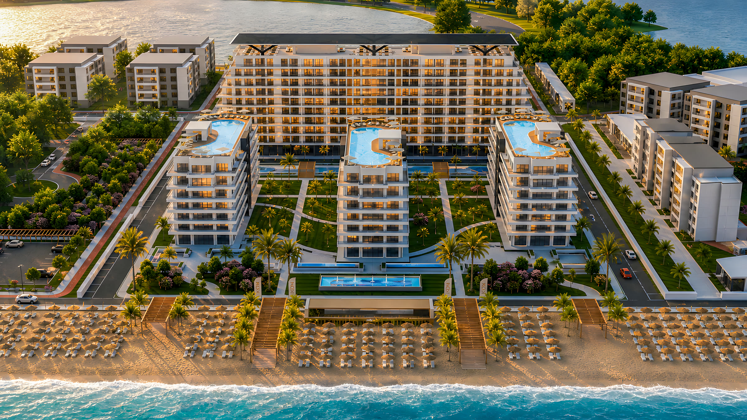 The Icon Mamaia Nord — ansamblu iluminat noaptea, vedere aeriană