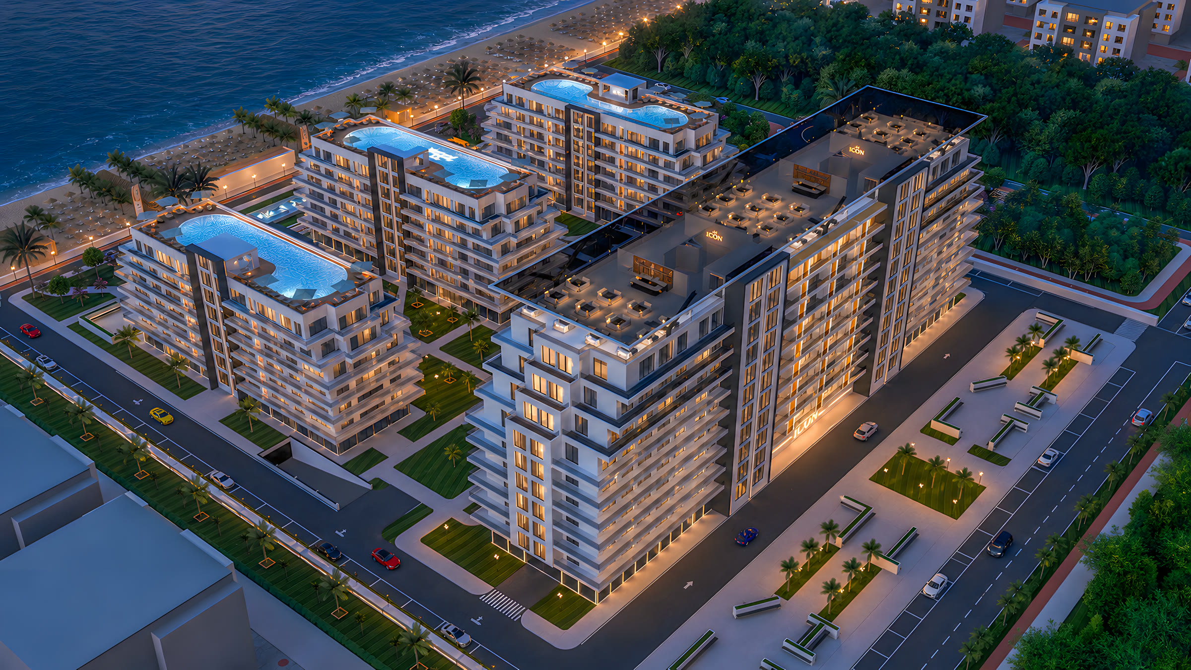 The Icon Mamaia Nord — vedere aeriană din nord, ansamblu complet cu plaja