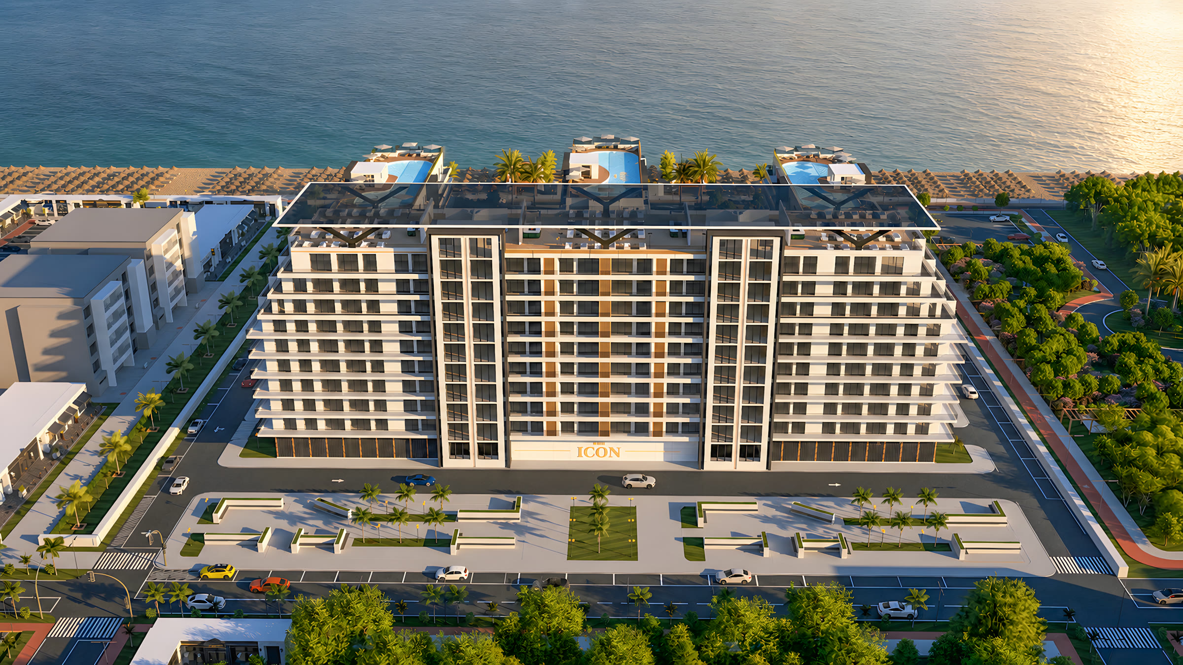 The Icon Mamaia Nord — ansamblu rezidențial pe prima linie la mare, vedere aeriană cu plaja