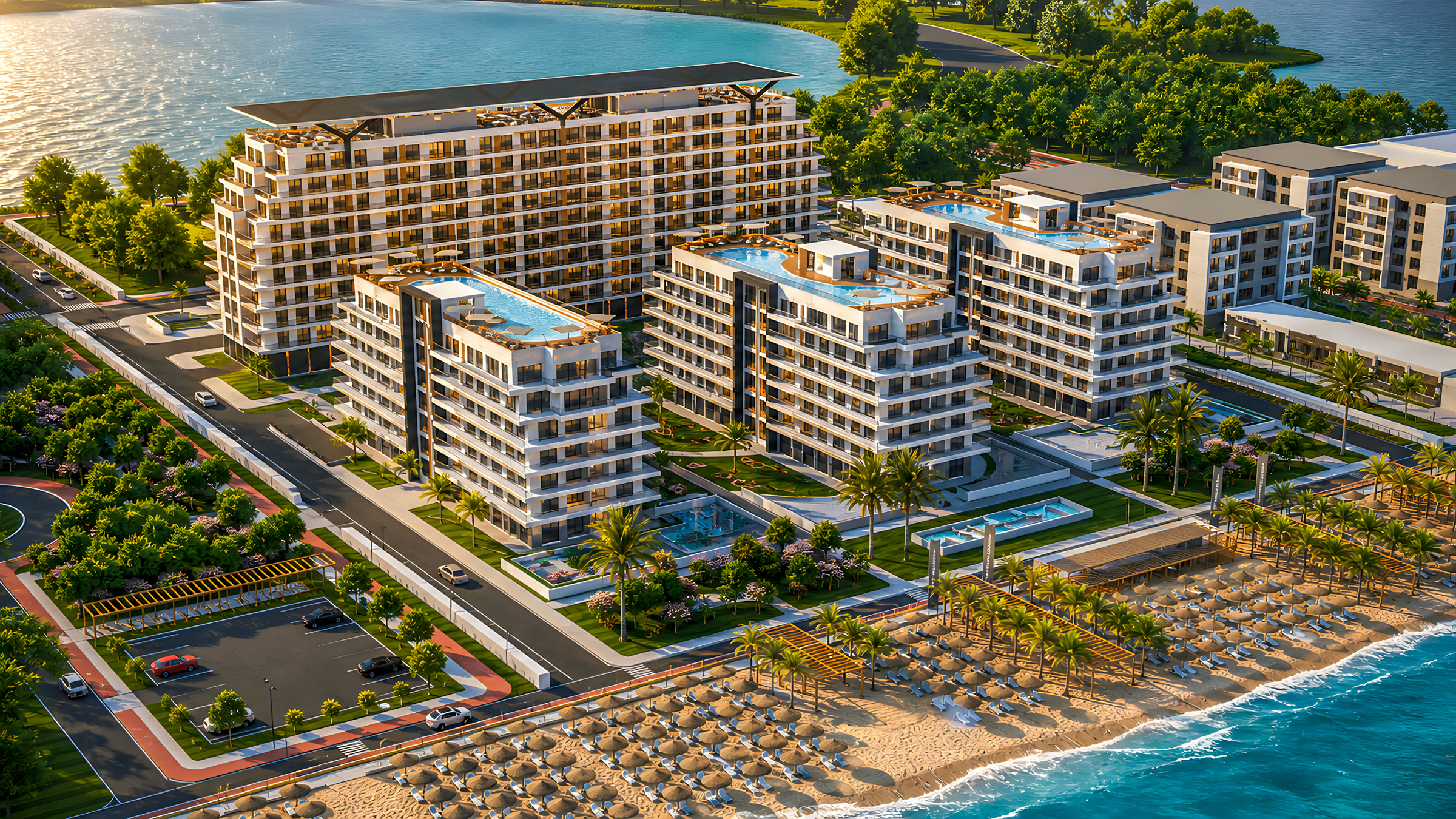 The Icon Mamaia Nord — plan aerian noapte, piscinele de pe corpurile rezidențiale