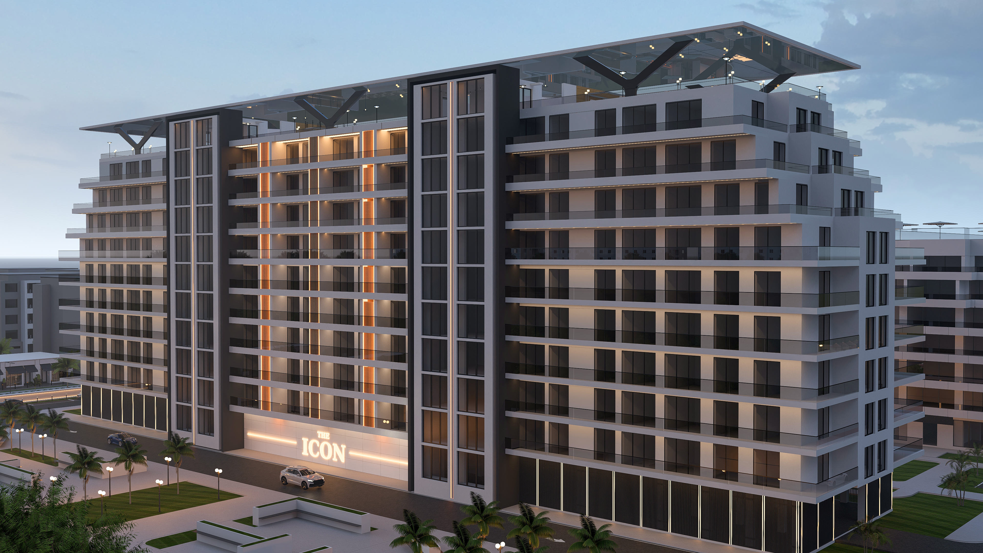 Skybarul The Icon Mamaia Nord — blocul principal la amurg, ultimul etaj cu skybar vizibil