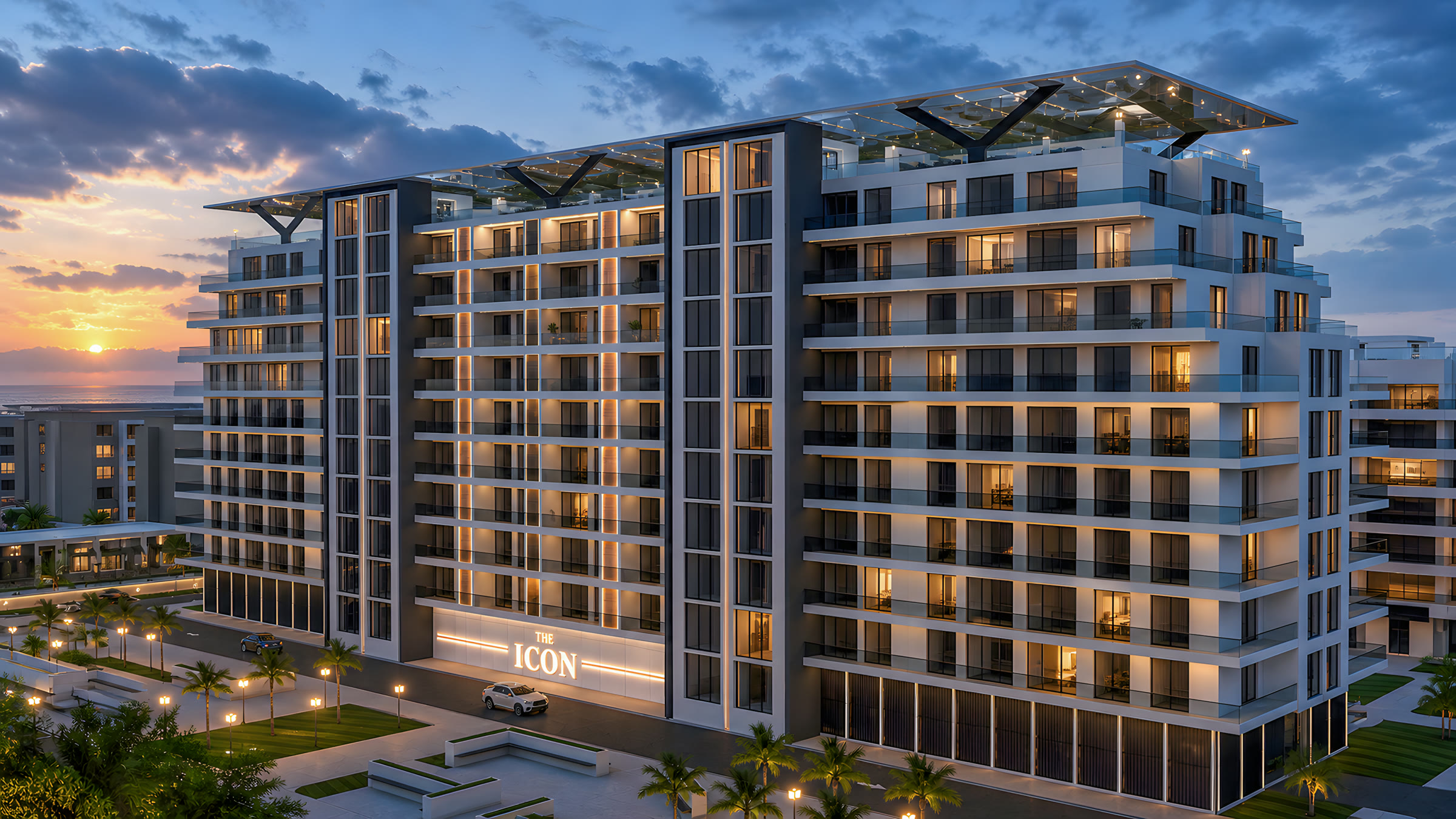 The Icon Mamaia Nord — intrare bloc principal din stradă, accente aurii