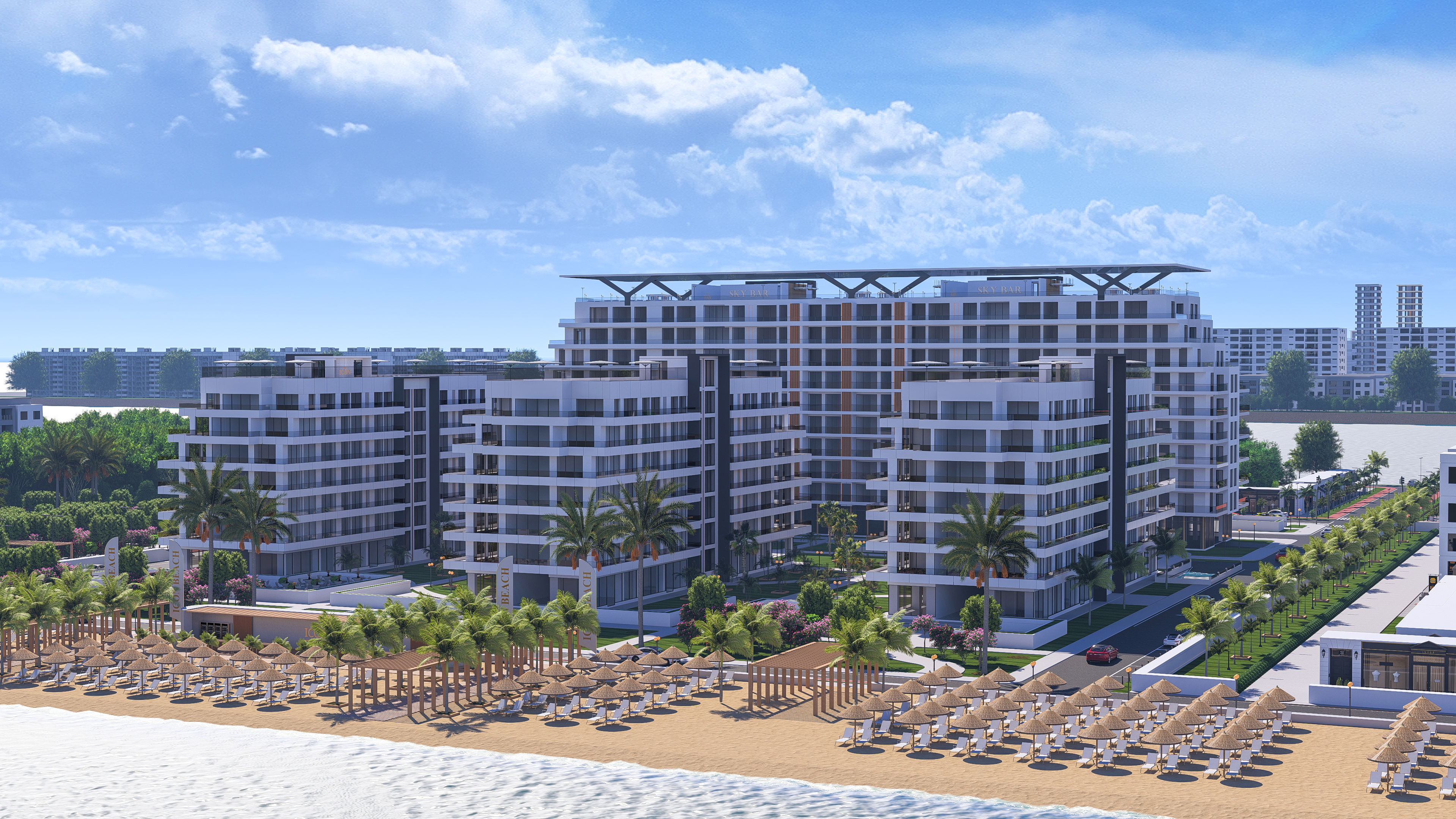 Piscinele The Icon Mamaia Nord — corpurile rezidențiale cu piscinele la ultimul etaj și plaja în față