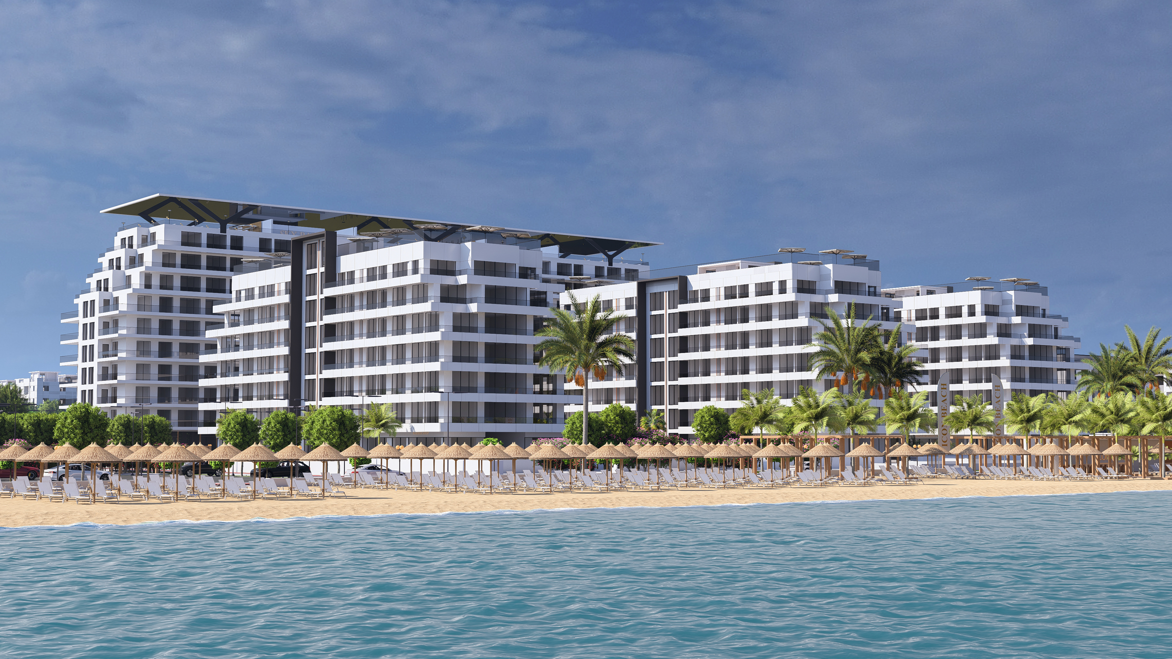 Ansamblul The Icon Mamaia Nord pe prima linie la mare — vedere laterală de pe plajă