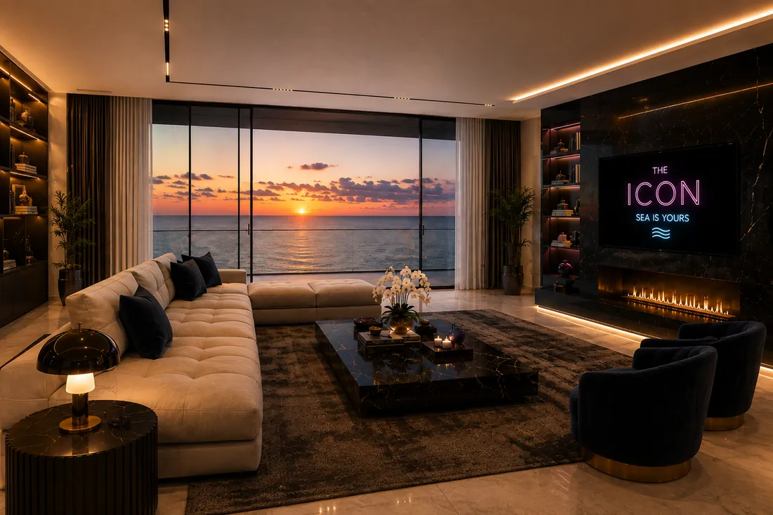 Studio The Icon Mamaia Nord, living cu semineu si deschidere panoramica spre mare, randare interioara Unreal Engine