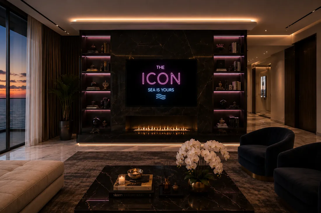 Studio The Icon Mamaia Nord, living cu perete media THE ICON si semineu liniar, randare interioara Unreal Engine