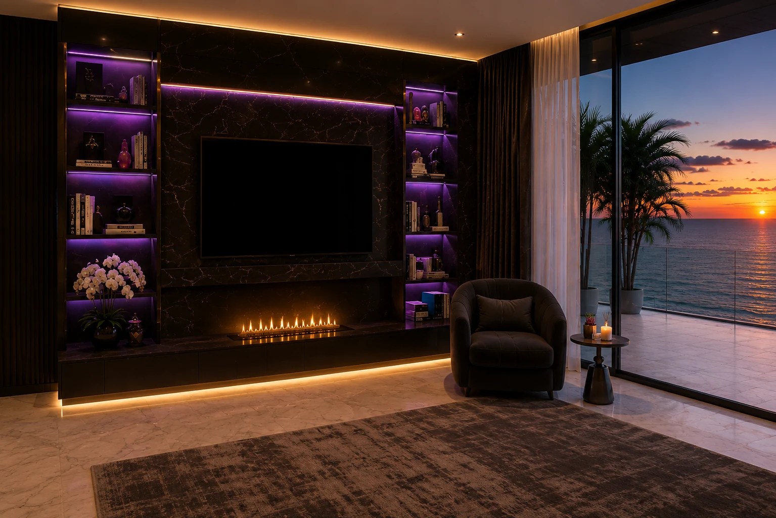 Studio The Icon Mamaia Nord, detaliu al zonei de living si peretelui media, randare interioara Unreal Engine
