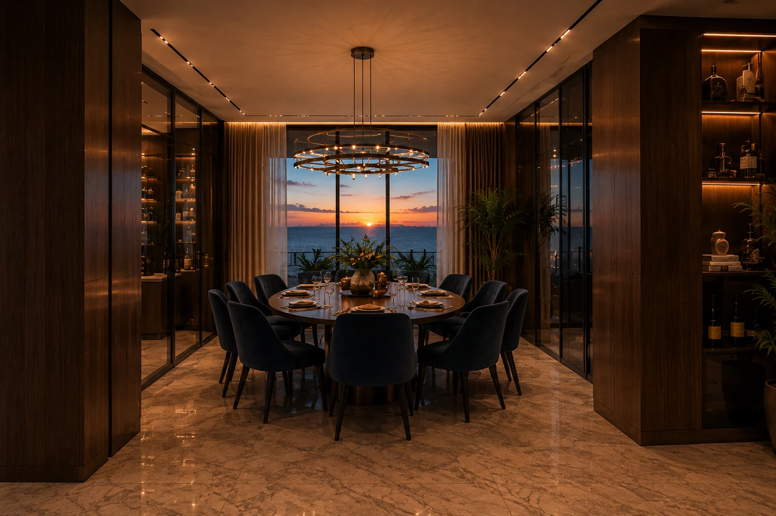Studio The Icon Mamaia Nord, zona ampla de dining cu vitraje spre mare, randare interioara Unreal Engine