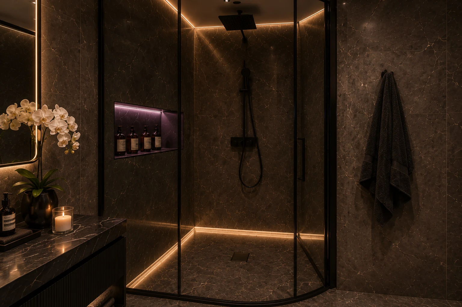 Studio The Icon Mamaia Nord, baie cu cabina de dus vitrata, randare interioara Unreal Engine