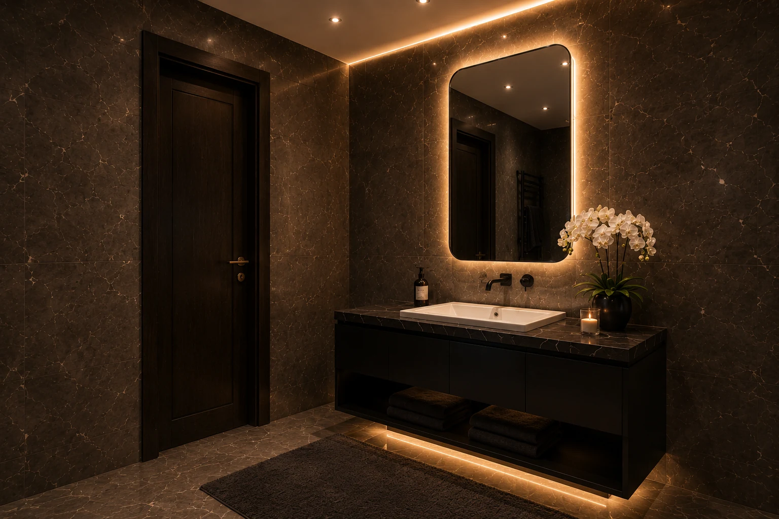 Studio The Icon Mamaia Nord, baie cu lavoar si oglinda iluminata, randare interioara Unreal Engine