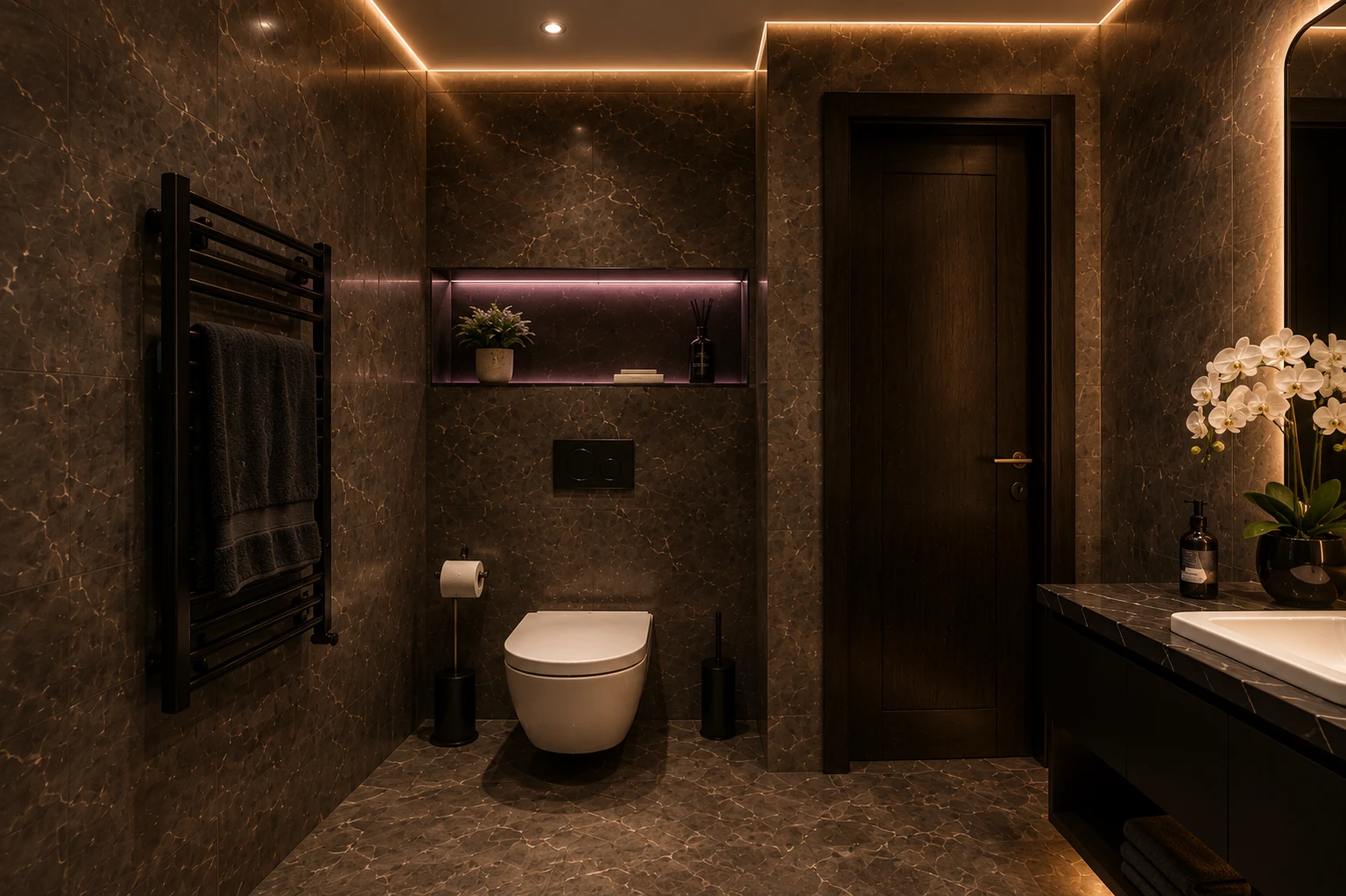 Studio The Icon Mamaia Nord, baie cu toaleta suspendata si nisa iluminata, randare interioara Unreal Engine