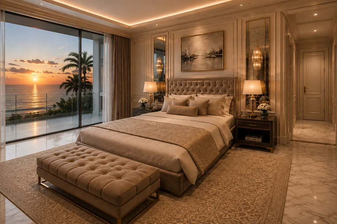Apartament A2 The Icon Mamaia Nord, dormitor prezentat din perspectiva oblica, randare interioara Unreal Engine