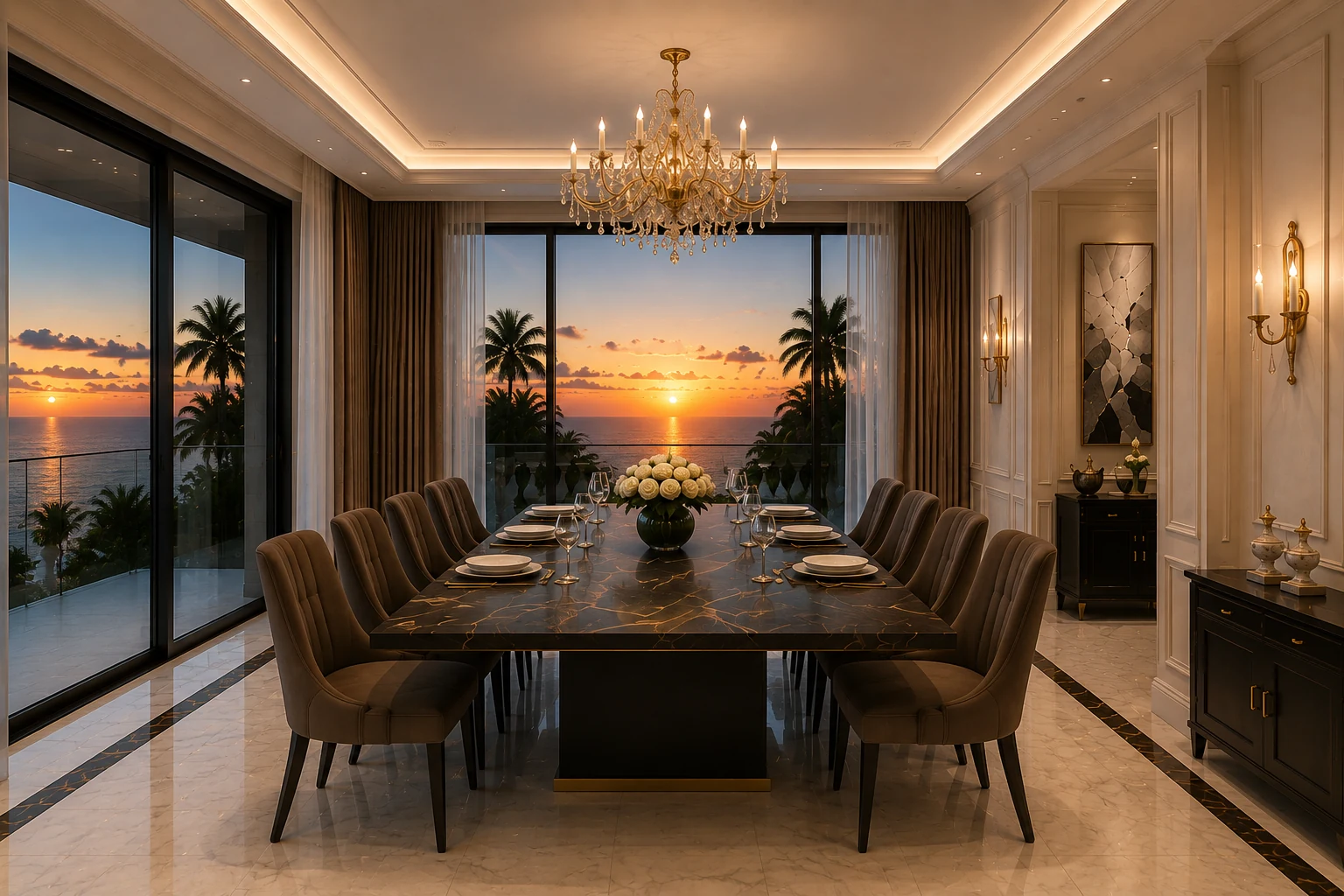Apartament A2 The Icon Mamaia Nord, zona de dining cu vitraje spre mare, randare interioara Unreal Engine
