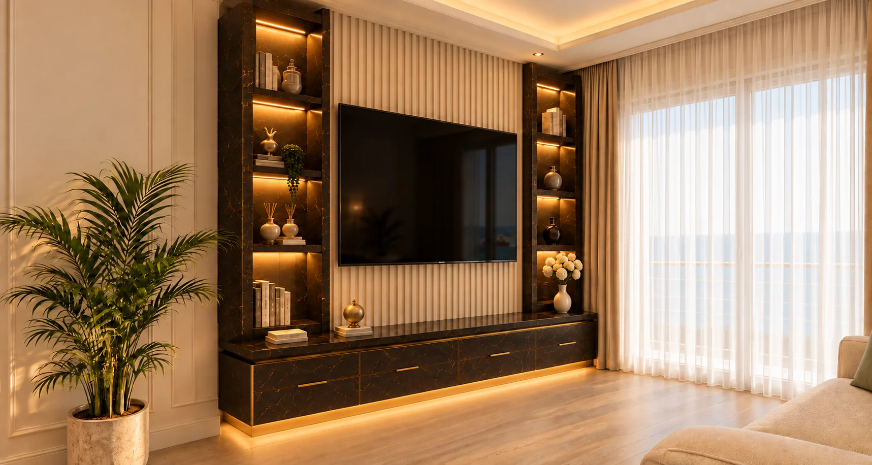 Apartament 2 camere The Icon Mamaia Nord, living modern cu semineu liniar si perete media, randare de lux