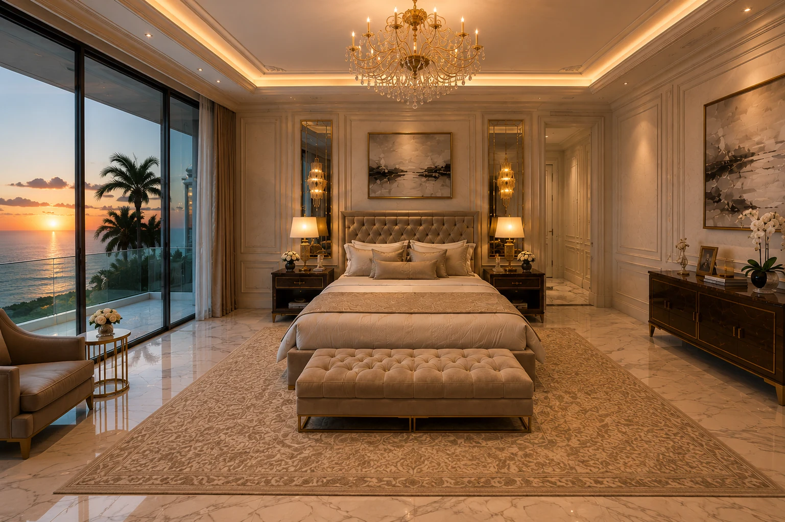 Apartament A2 The Icon Mamaia Nord, dormitor prezentat frontal, randare interioara Unreal Engine