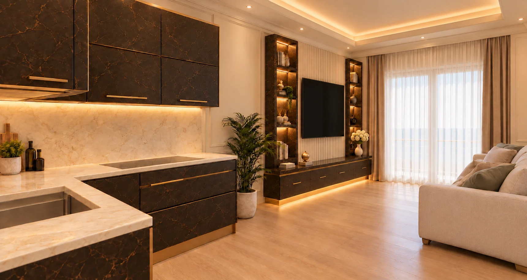 Apartament 2 camere The Icon Mamaia Nord, zona de living si dining open-space cu lumina naturala, randare de lux