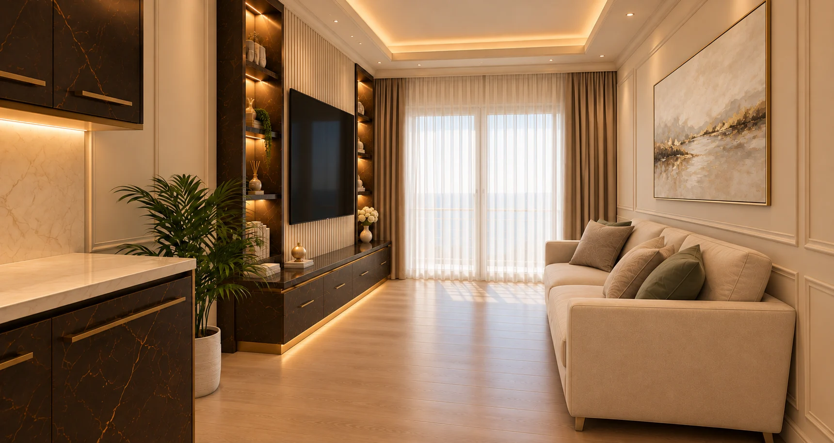 Apartament 2 camere The Icon Mamaia Nord, bucatarie moderna integrata cu electrocasnice incorporate, randare de lux