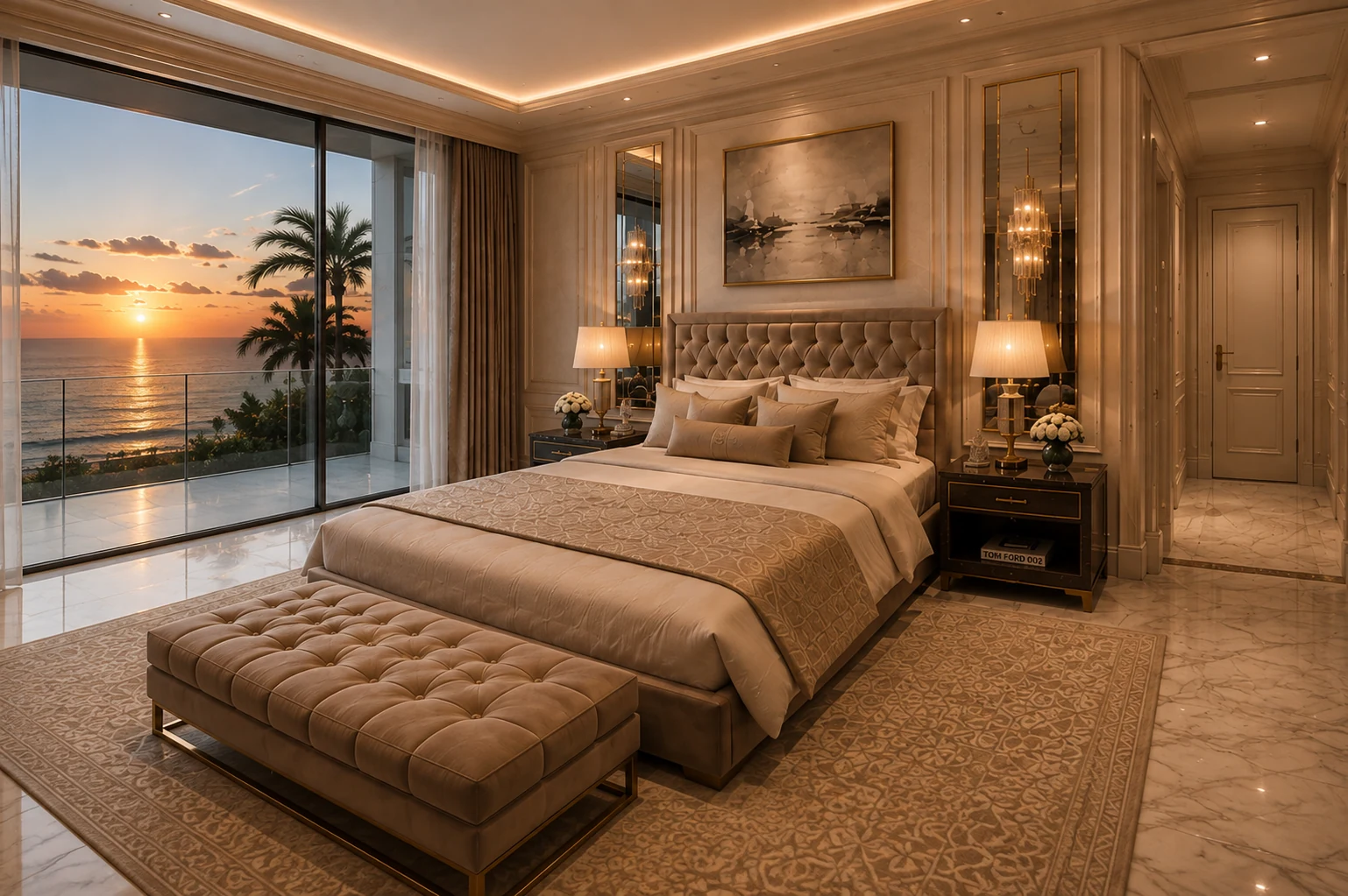 Apartament A2 The Icon Mamaia Nord, dormitor prezentat din perspectiva oblica, randare interioara Unreal Engine