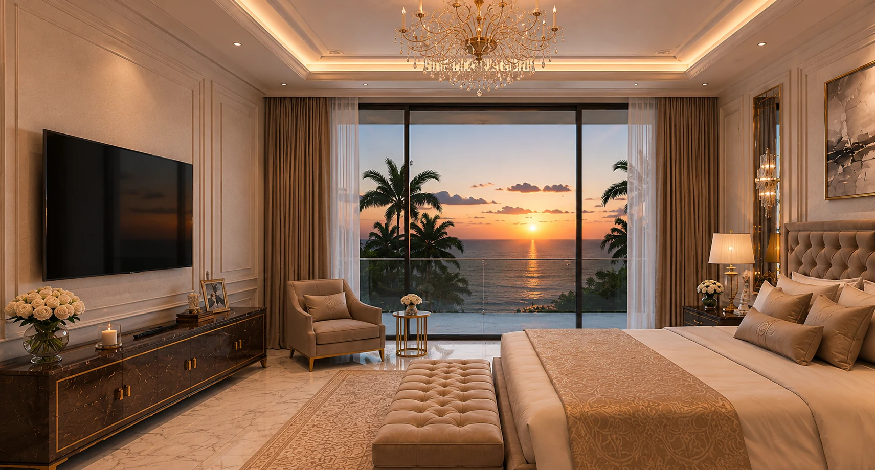 Apartament A2 The Icon Mamaia Nord, dormitor cu deschidere panoramica spre terasa, randare interioara Unreal Engine