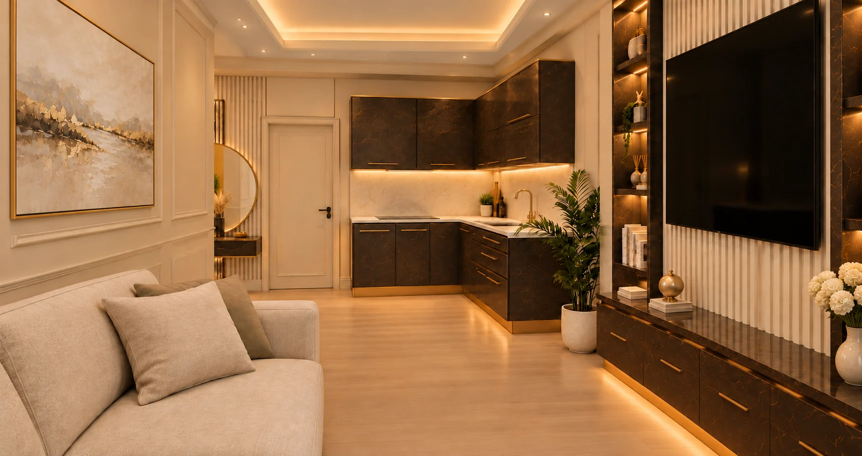 Apartament 2 camere The Icon Mamaia Nord, dormitor matrimonial spatios cu vitraj panoramic spre mare, randare de lux