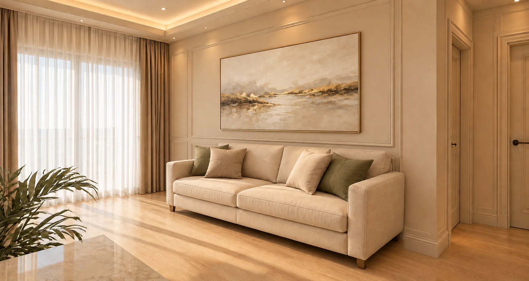 Apartament 2 camere The Icon Mamaia Nord, dormitor matrimonial prezentat frontal cu finisaje calde, randare de lux