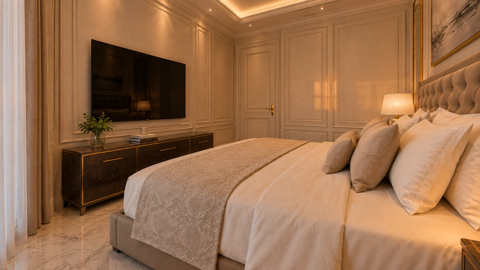 Apartament 2 camere The Icon Mamaia Nord, baie eleganta cu cada freestanding si placari din piatra naturala, randare de lux