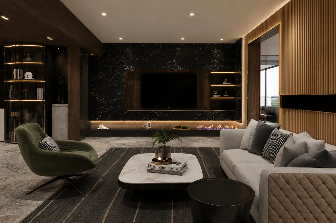 Apartament A3 The Icon Mamaia Nord, living cu perete media si semineu liniar, randare interioara Unreal Engine