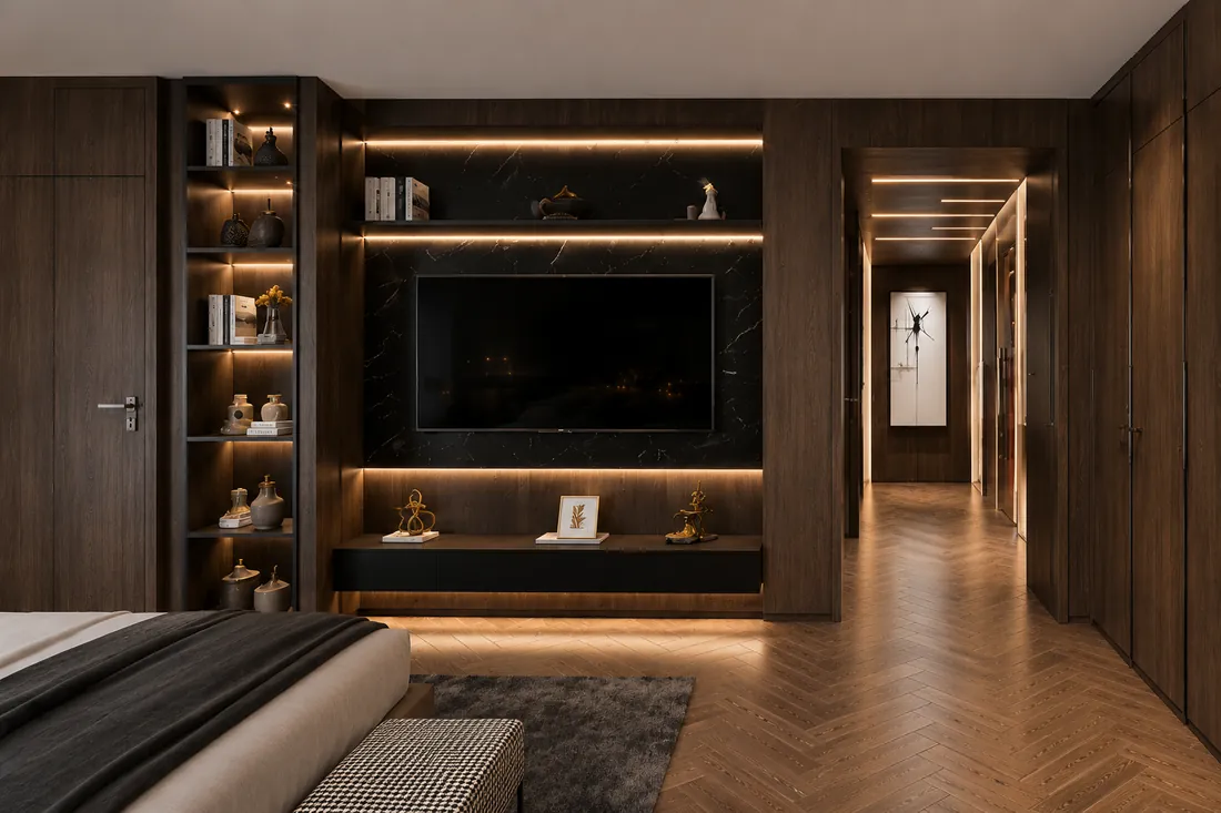Apartament A3 The Icon Mamaia Nord, dormitor cu perete media, randare interioara Unreal Engine