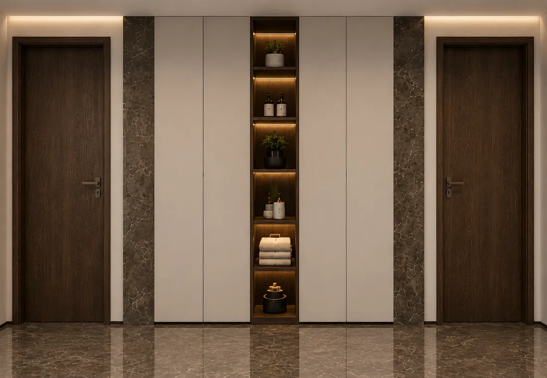 Apartament A3 The Icon Mamaia Nord, hol interior cu nisa iluminata, randare interioara Unreal Engine