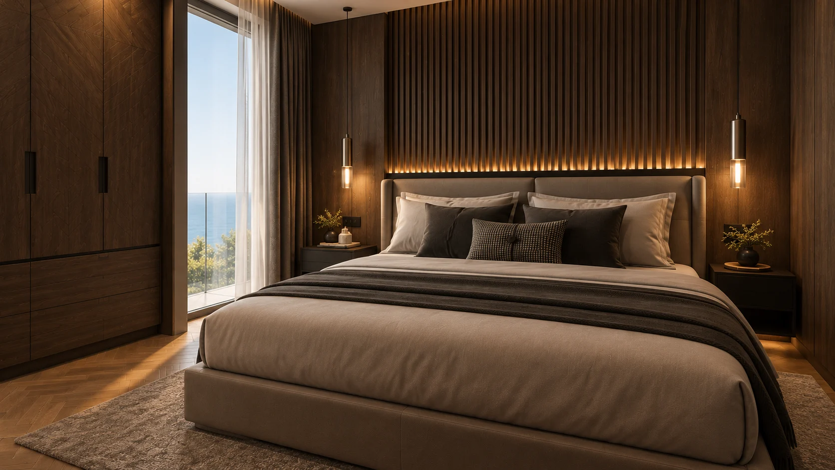 Apartament 3 camere The Icon Mamaia Nord, zona de zi cu semineu arhitectural si panou media premium, randare de lux