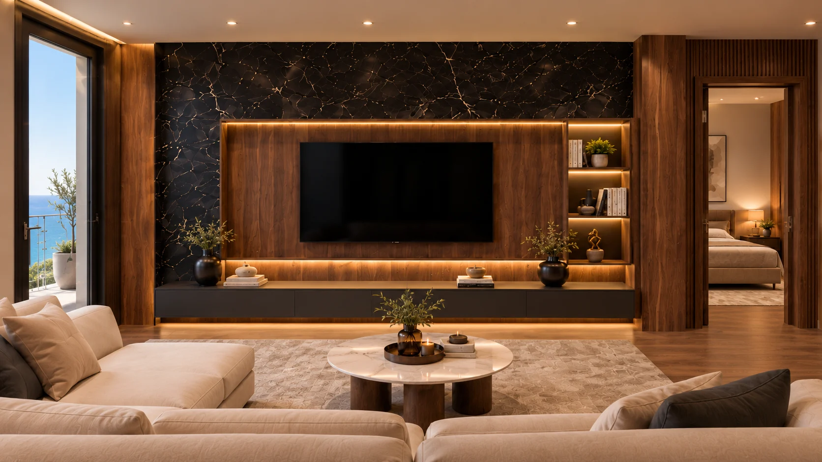 Apartament 3 camere The Icon Mamaia Nord, dormitor matrimonial principal cu baie en-suite si dressing walk-in, randare de lux