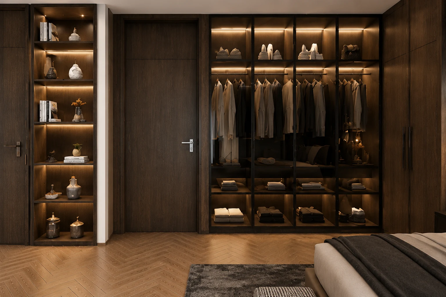 Apartament A3 The Icon Mamaia Nord, dormitor prezentat din perspectiva oblica, randare interioara Unreal Engine