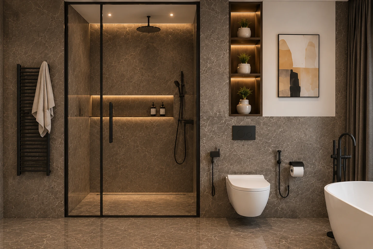 Apartament A3 The Icon Mamaia Nord, baie cu cada freestanding, randare interioara Unreal Engine