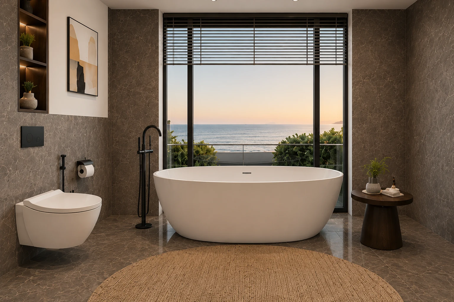 Apartament A3 The Icon Mamaia Nord, baie cu cada si vedere spre mare, randare interioara Unreal Engine