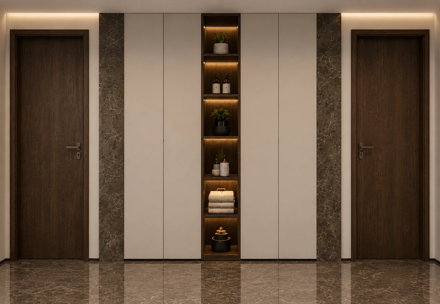 Apartament A3 The Icon Mamaia Nord, hol interior cu nisa iluminata, randare interioara Unreal Engine