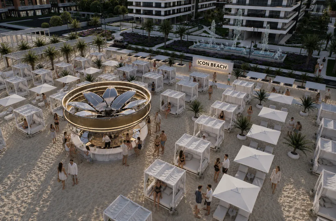 ICON BEACH The Icon Mamaia Nord, plaja amenajata cu bar circular, cabane si oameni