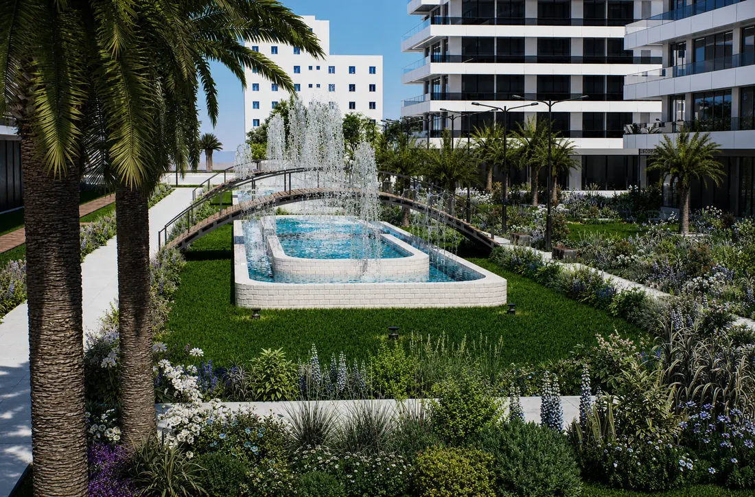 The Icon Mamaia Nord, curtea interioara si fantanile arteziene, randare exterioara Unreal Engine 1