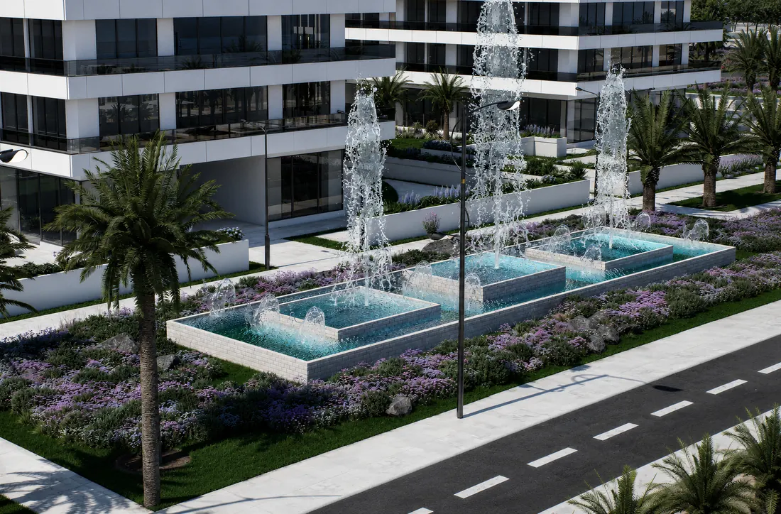 Curtea interioară The Icon Mamaia Nord cu fântâni, alei de promenadă și spații verzi