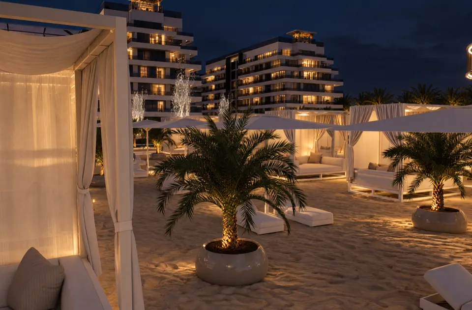 The Icon Mamaia Nord iluminat nocturn pe prima linie la mare, randare noapte perspectiva 04