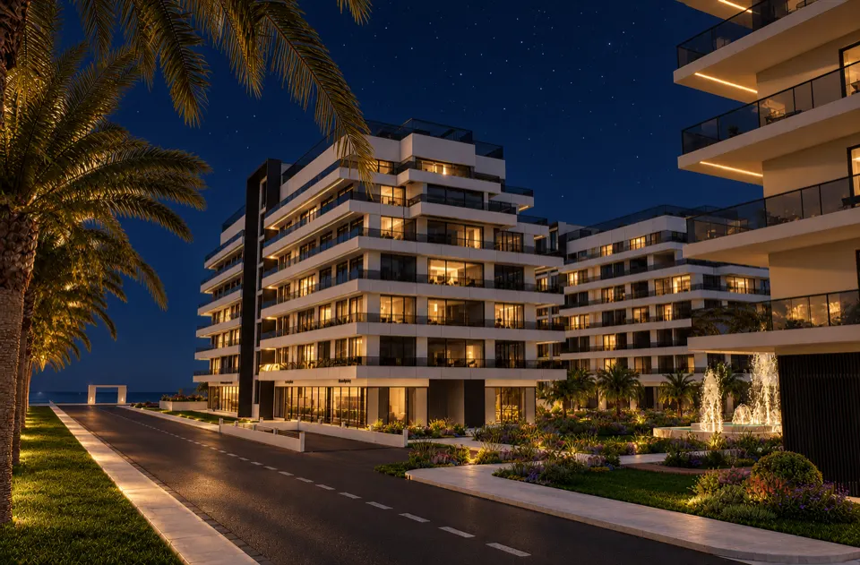 The Icon Mamaia Nord iluminat nocturn pe prima linie la mare, randare noapte perspectiva 11