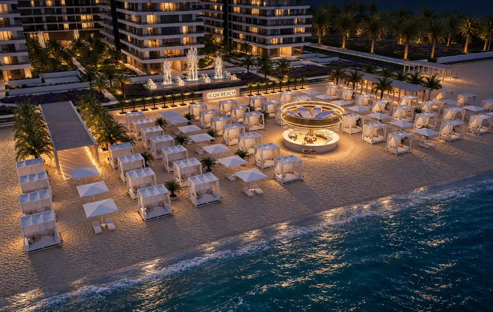 The Icon Mamaia Nord iluminat nocturn pe prima linie la mare, randare noapte perspectiva 13