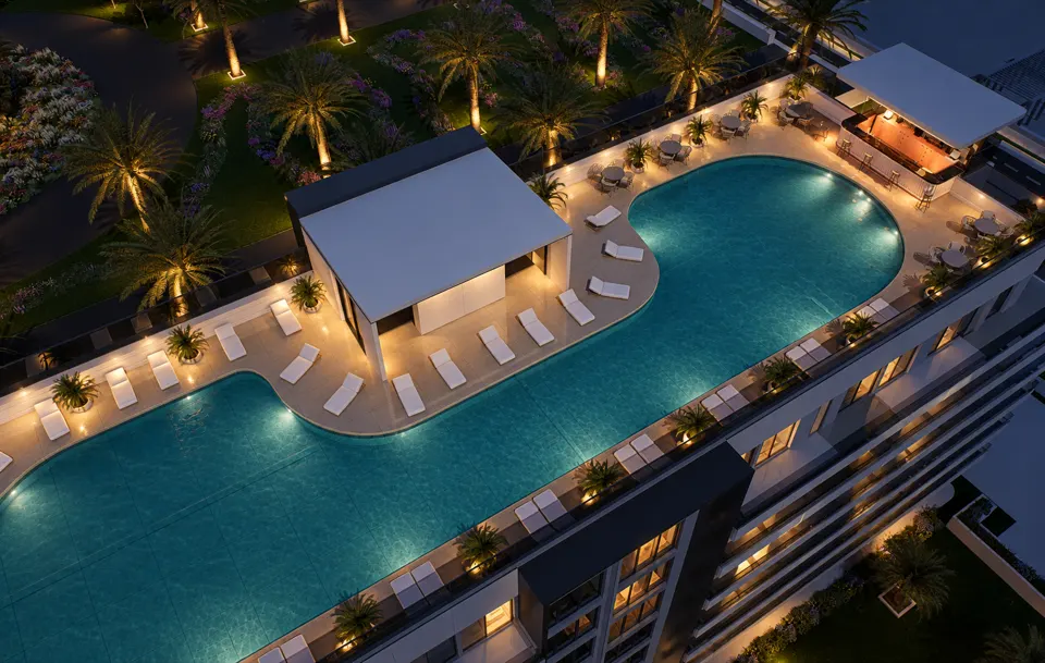 The Icon Mamaia Nord iluminat nocturn pe prima linie la mare, randare noapte perspectiva 21