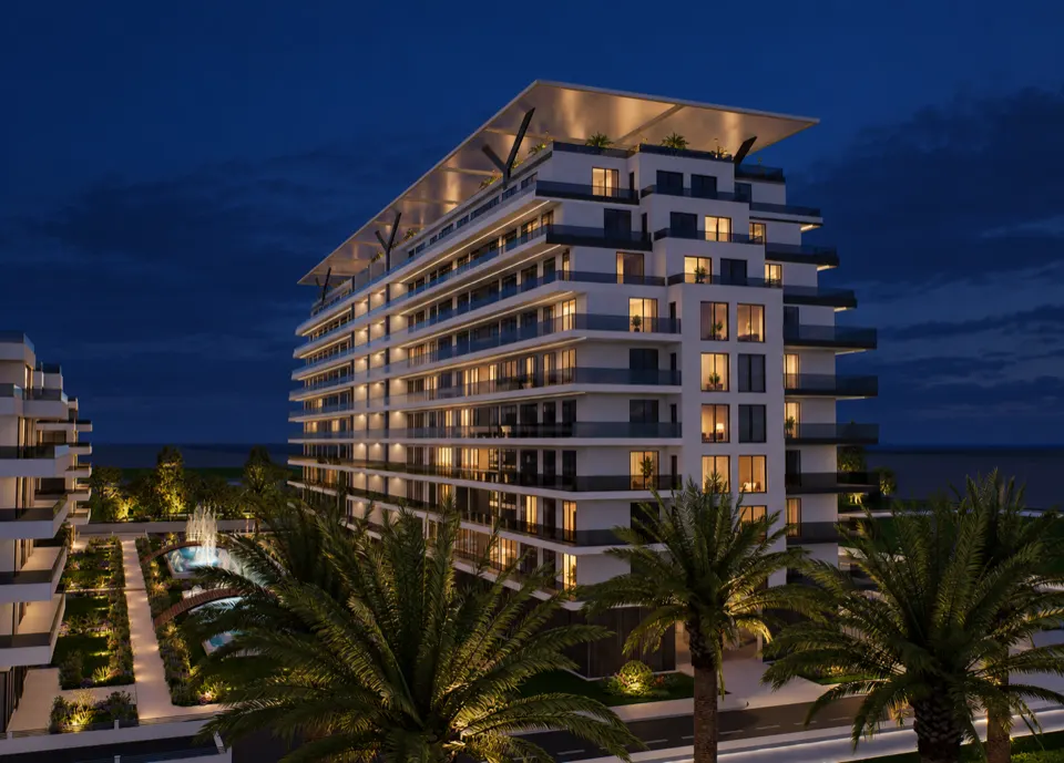 The Icon Mamaia Nord iluminat nocturn pe prima linie la mare, randare noapte perspectiva 27