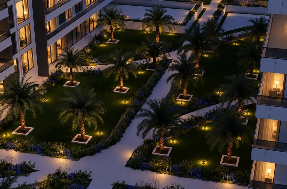 The Icon Mamaia Nord iluminat nocturn pe prima linie la mare, randare noapte perspectiva 29