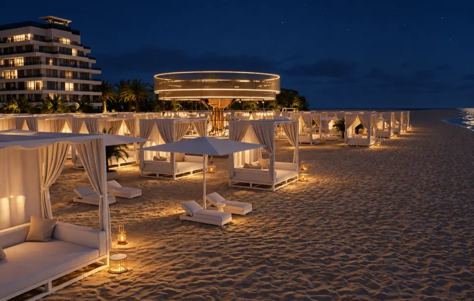The Icon Mamaia Nord iluminat nocturn pe prima linie la mare, randare noapte perspectiva 31