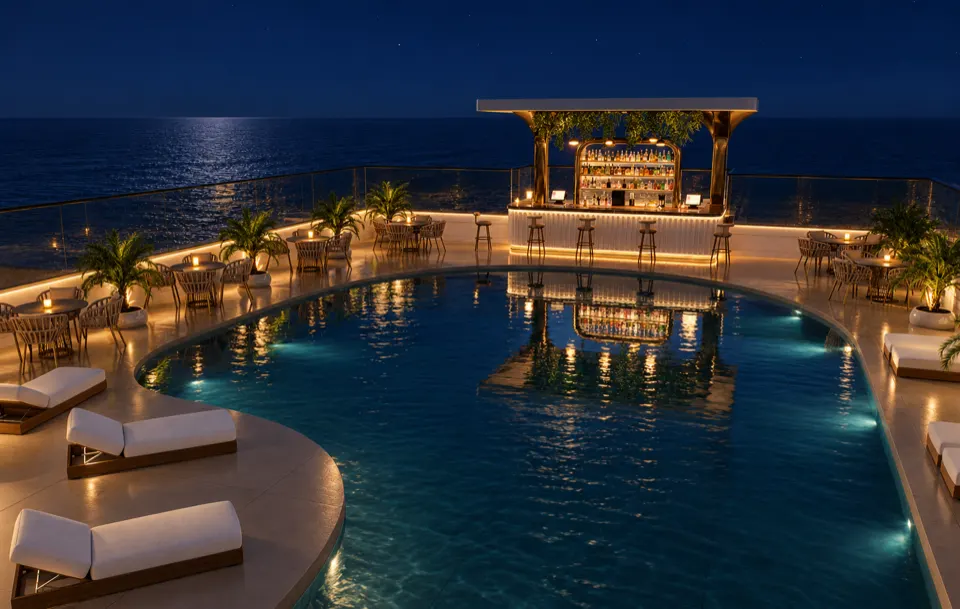 The Icon Mamaia Nord iluminat nocturn pe prima linie la mare, randare noapte perspectiva 32